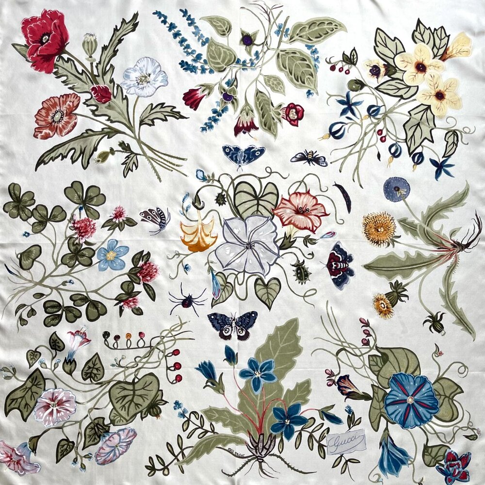 Gucci Silk Wrap Logo Kris Knight Floral Print Ivory Multicolor Scarf